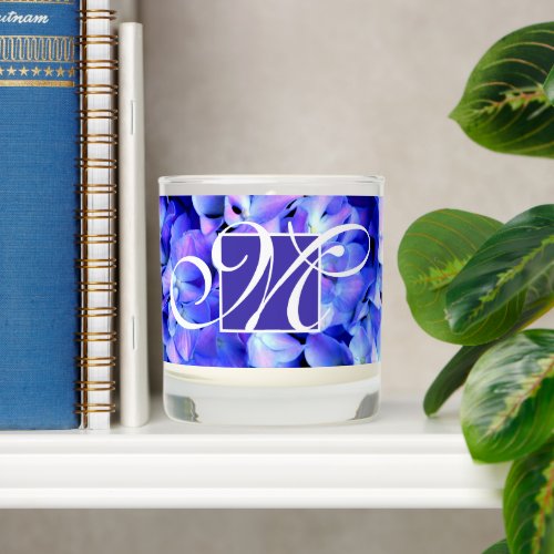 Elegant blue purple floral hydrangeas scented candle