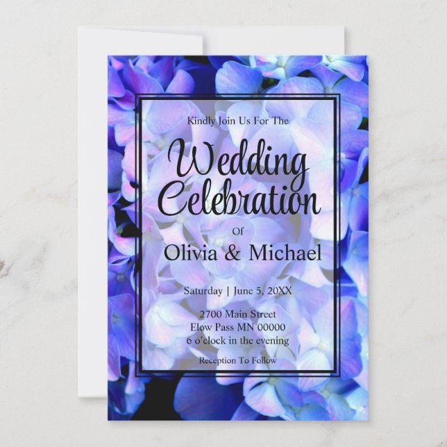 Elegant blue purple floral hydrangeas wedding invitation (Front)
