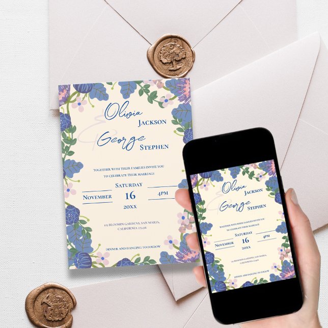 Elegant Blue & Purple Floral Watercolor Wedding  Invitation (Elegant Blue & Purple Floral Watercolor Wedding Invitation)
