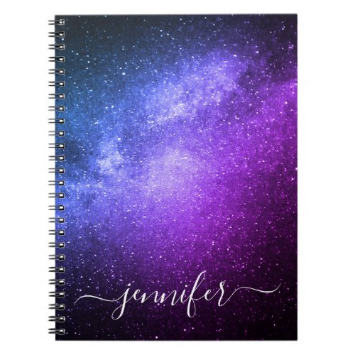 elegant blue purple galaxy stars personalized  notebook