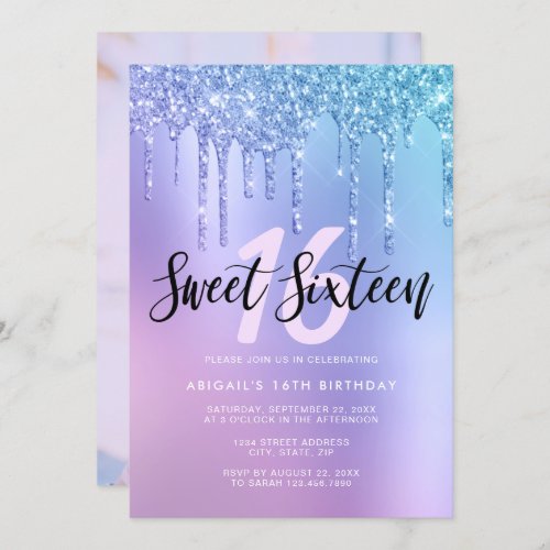 Elegant blue  purple glitter drips sweet sixteen invitation
