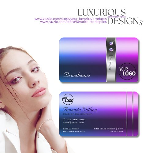 Elegant Blue Purple Gradient Silver Decor and Logo Business Card