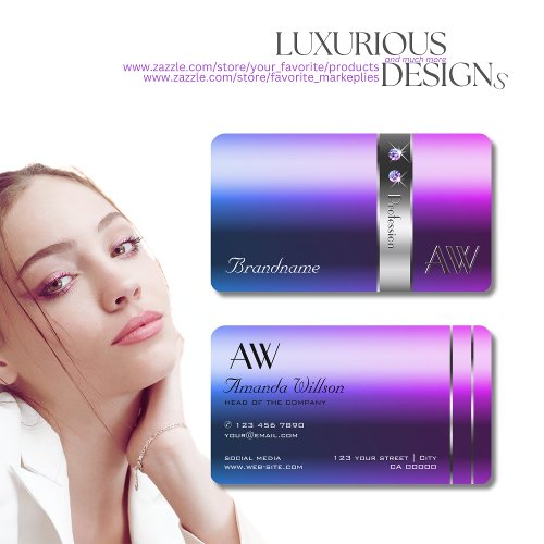 Elegant Blue Purple Gradient Silver Decor Monogram Business Card