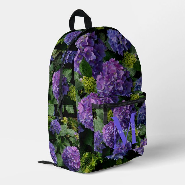 Elegant blue purple green floral monogram printed backpack (Back Corner Left)