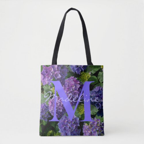 Elegant blue purple green floral monogram tote bag