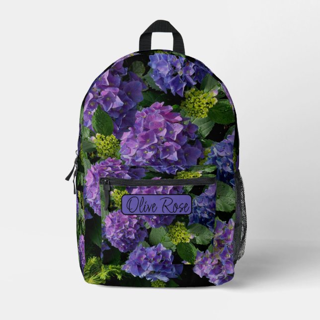 Elegant blue purple hydrangea floral monogram printed backpack (Front)