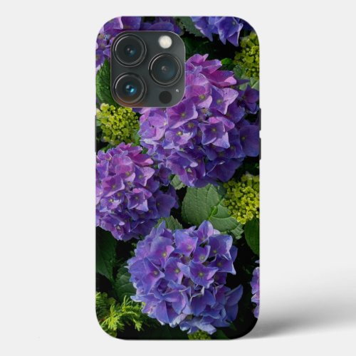 Elegant blue purple magenta green floral hydrangea iPhone 13 pro case