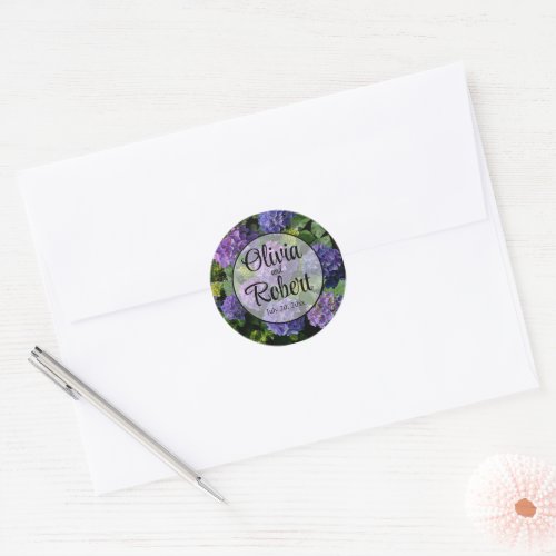 Elegant blue purple magenta green floral hydrangea classic round sticker