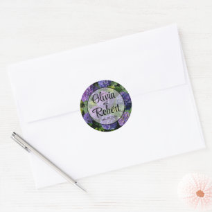 Elegant blue purple magenta green floral hydrangea classic round sticker
