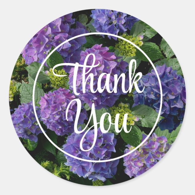 Elegant blue purple magenta green floral hydrangea classic round sticker (Front)