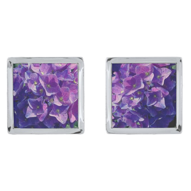 Elegant blue purple magenta green floral hydrangea cufflinks (Front)