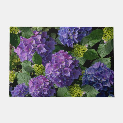 Elegant blue purple magenta green floral hydrangea doormat