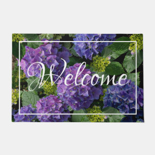 Elegant blue purple magenta green floral hydrangea doormat