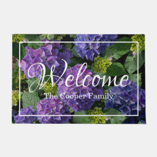 Elegant blue purple magenta green floral hydrangea doormat