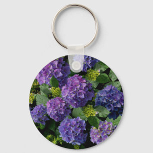 Elegant blue purple magenta green floral hydrangea keychain