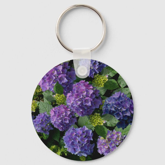 Elegant blue purple magenta green floral hydrangea keychain (Front)