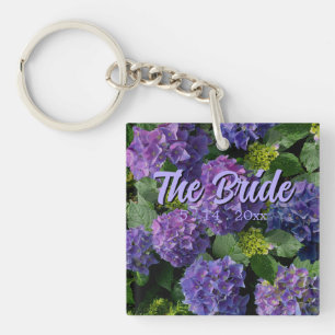 Elegant blue purple magenta green floral hydrangea keychain