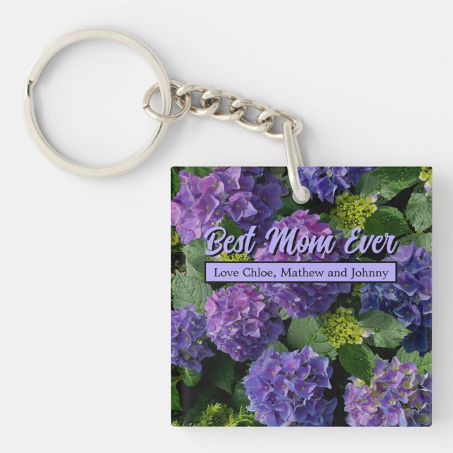 Elegant blue purple magenta green floral hydrangea keychain (Front)