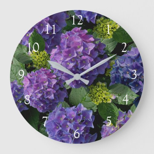 Elegant blue purple magenta green floral hydrangea large clock