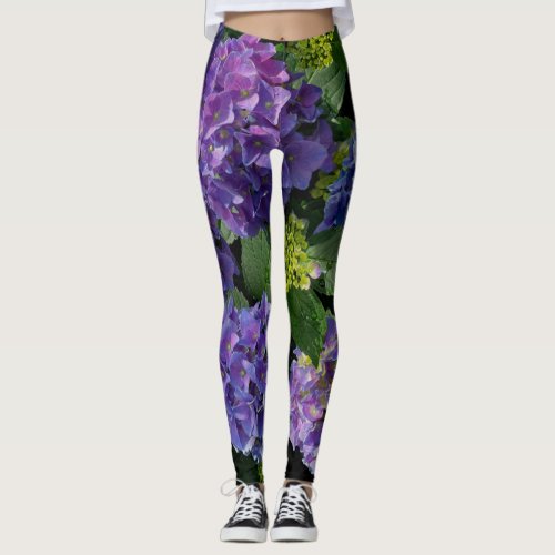 Elegant blue purple magenta green floral hydrangea leggings