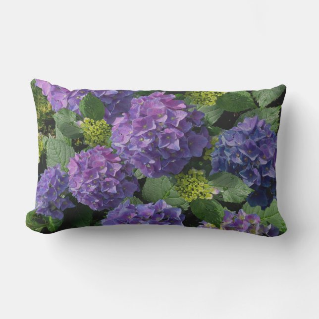 Elegant blue purple magenta green floral hydrangea lumbar pillow (Front)