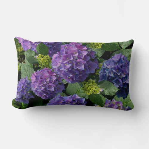 Elegant blue purple magenta green floral hydrangea lumbar pillow