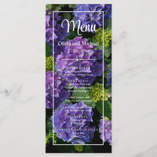 Elegant blue purple magenta green floral hydrangea menu