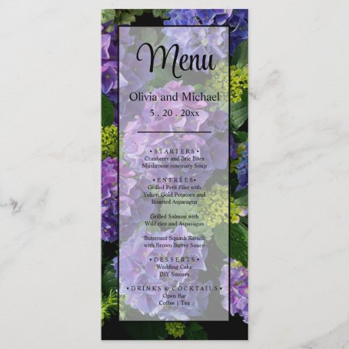 Elegant blue purple magenta green floral hydrangea menu