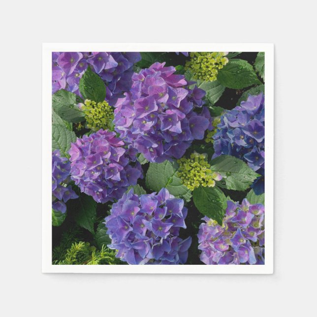 Elegant blue purple magenta green floral hydrangea napkins (Front)
