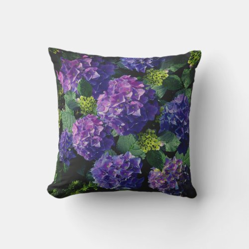 Elegant blue purple magenta green floral hydrangea outdoor pillow