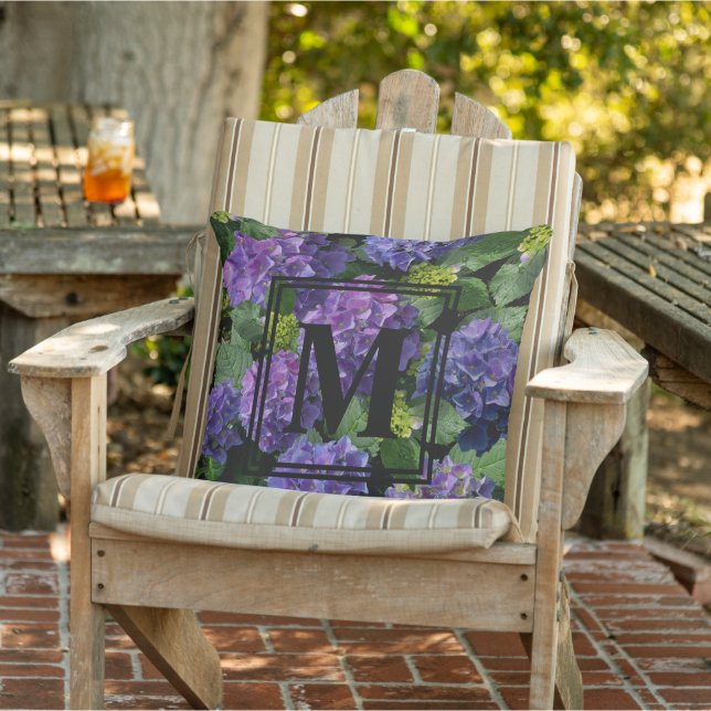 Elegant blue purple magenta green floral hydrangea outdoor pillow (Chair)