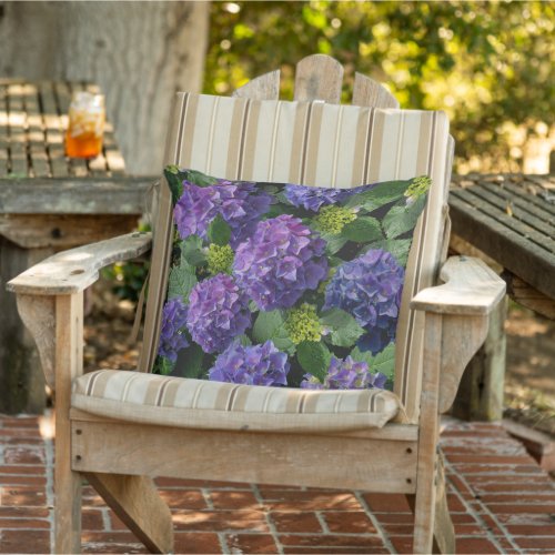 Elegant blue purple magenta green floral hydrangea outdoor pillow