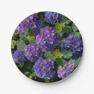 Elegant blue purple magenta green floral hydrangea paper plates