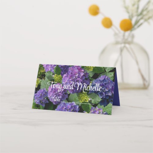 Elegant blue purple magenta green floral hydrangea place card