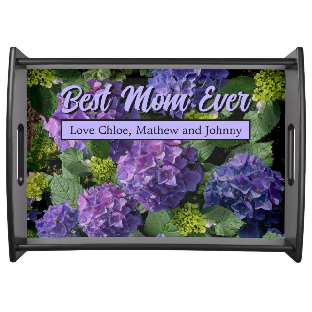 Elegant blue purple magenta green floral hydrangea serving tray (Front)