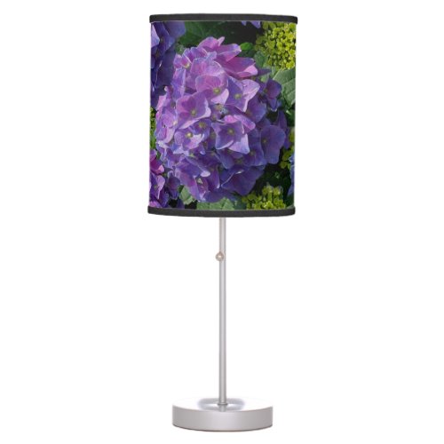 Elegant blue purple magenta green floral hydrangea table lamp
