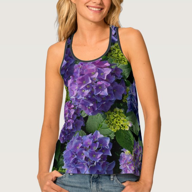 Elegant blue purple magenta green floral hydrangea tank top (Front)