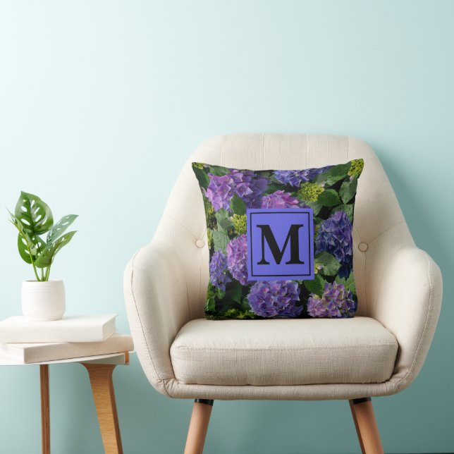 Elegant blue purple magenta green floral hydrangea throw pillow (Chair)