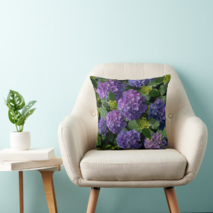 Elegant blue purple magenta green floral hydrangea throw pillow