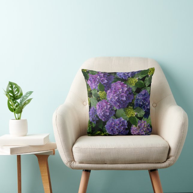 Elegant blue purple magenta green floral hydrangea throw pillow (Chair)