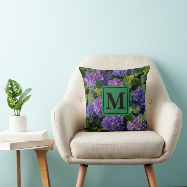 Elegant blue purple magenta green floral hydrangea throw pillow (Chair)