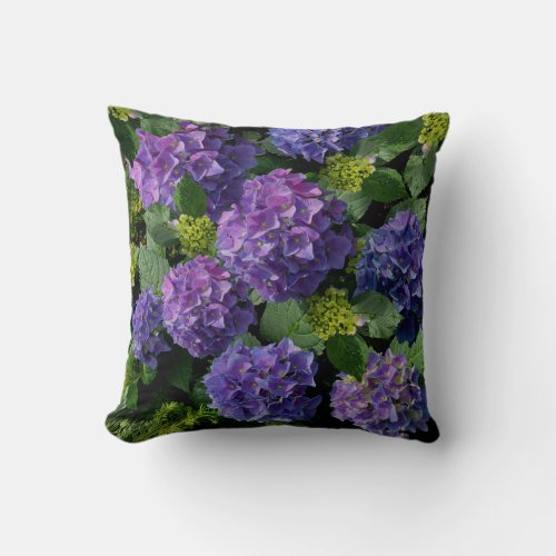 Elegant blue purple magenta green floral hydrangea throw pillow