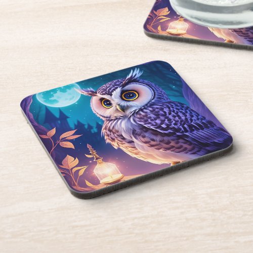 Elegant Blue Purple Magical Owl Comic AI Art  Beverage Coaster