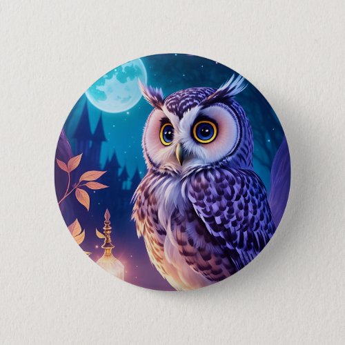 Elegant Blue Purple Magical Owl Comic AI Art  Button