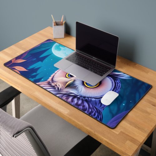 Elegant Blue Purple Magical Owl Comic AI Art  Desk Mat