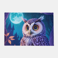 Elegant Blue Purple Magical Owl Comic AI Art  Doormat