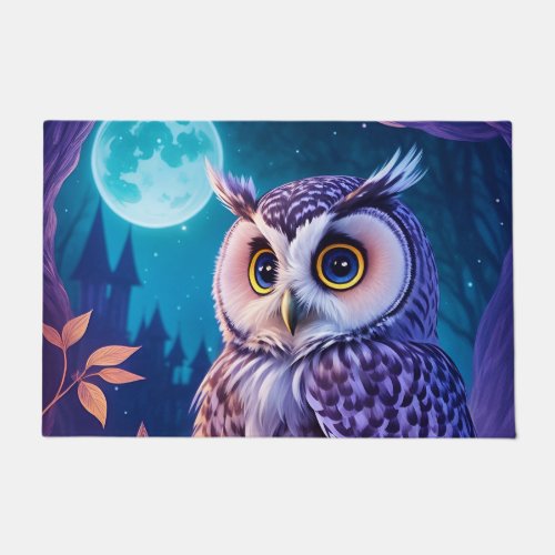Elegant Blue Purple Magical Owl Comic AI Art  Doormat