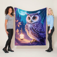 Elegant Blue Purple Magical Owl Comic AI Art  Fleece Blanket