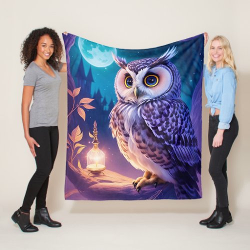 Elegant Blue Purple Magical Owl Comic AI Art  Fleece Blanket