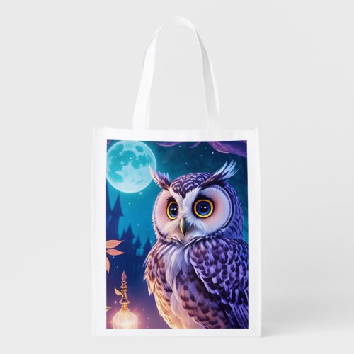 Elegant Blue Purple Magical Owl Comic AI Art  Grocery Bag